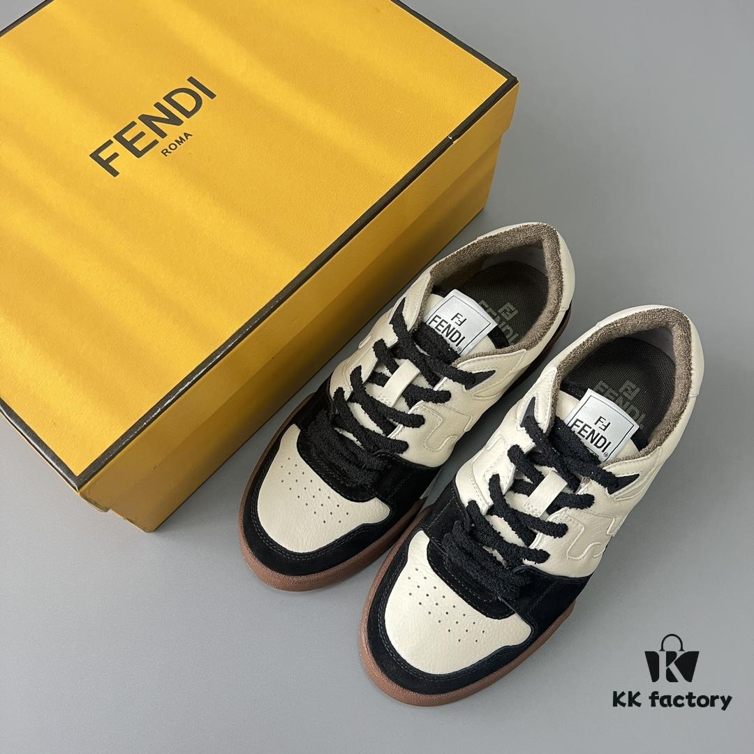 FENDI Match Unisex Retro Patchwork Leather Sneakers in Black and White
