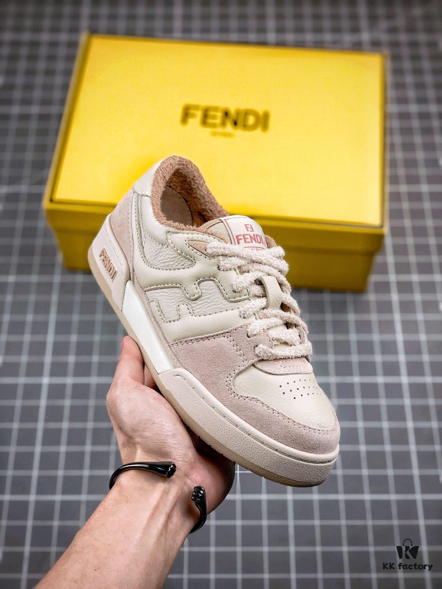 FENDI Match Unisex Casual Sneakers, Designer Kim Jones Latest Release, Luxurious Leather and Suede Fusion with FF Logo, Anti-Scratch Chip Embedded Sole