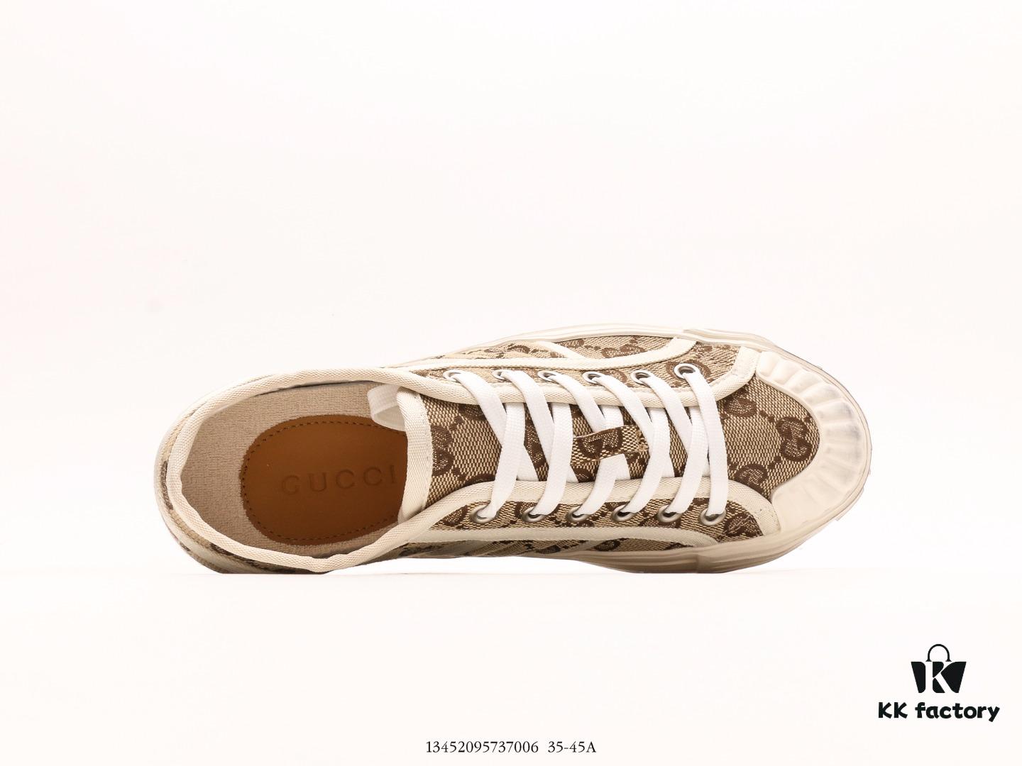 Gucci Tennis 1977 Canvas Sneakers, Classic Vintage-Style GG Supreme Canvas Men's Shoes with Red and Green Web Stripe and Natural Rubber Sole