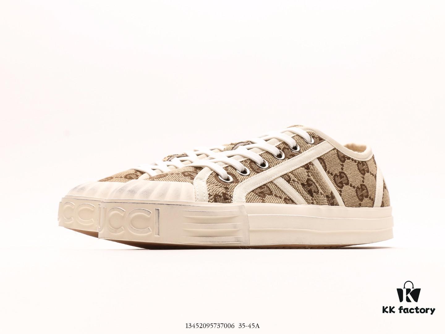 Gucci Tennis 1977 Canvas Sneakers, Classic Vintage-Style GG Supreme Canvas Men's Shoes with Red and Green Web Stripe and Natural Rubber Sole