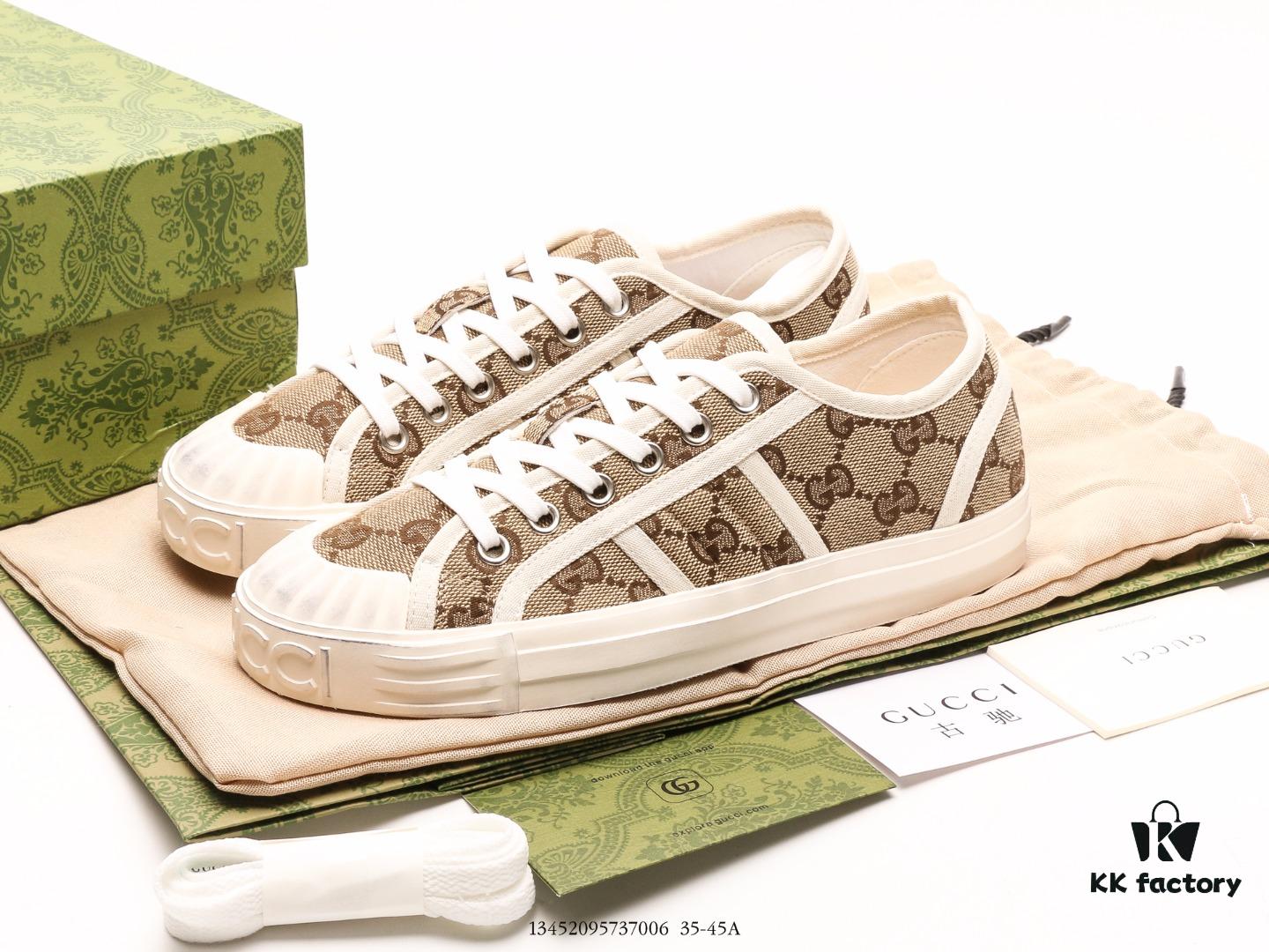Gucci Tennis 1977 Canvas Sneakers, Classic Vintage-Style GG Supreme Canvas Men's Shoes with Red and Green Web Stripe and Natural Rubber Sole