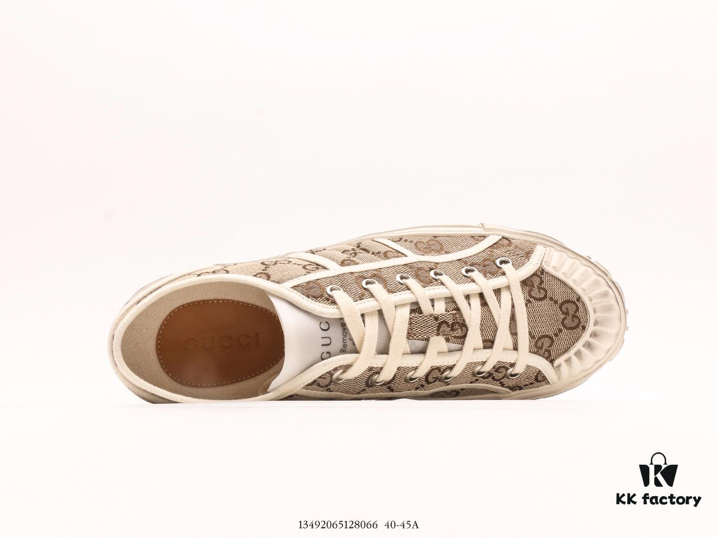 Gucci Tennis 1977 Vintage Canvas Sneakers, Iconic GG Supreme Pattern, Red and Green Web Stripe, Natural Rubber Sole, Classic Unisex Design