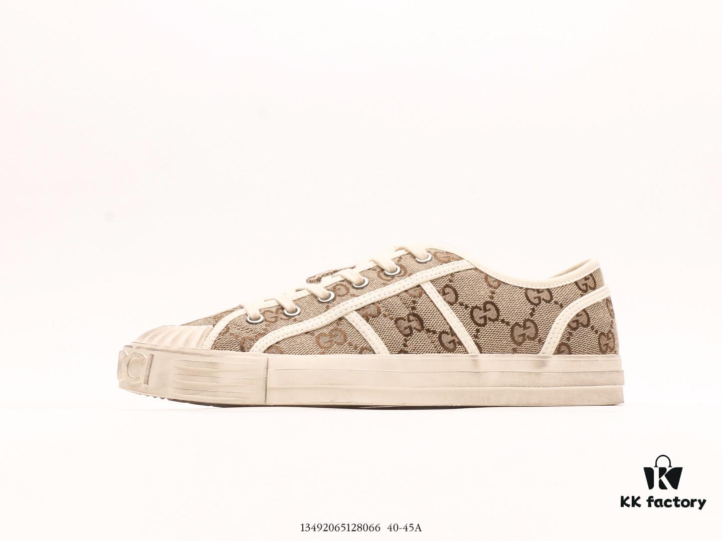 Gucci Tennis 1977 Vintage Canvas Sneakers, Iconic GG Supreme Pattern, Red and Green Web Stripe, Natural Rubber Sole, Classic Unisex Design