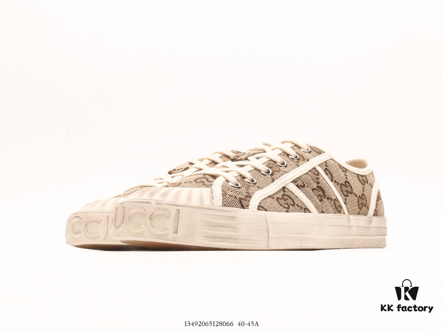 Gucci Tennis 1977 Vintage Canvas Sneakers, Iconic GG Supreme Pattern, Red and Green Web Stripe, Natural Rubber Sole, Classic Unisex Design