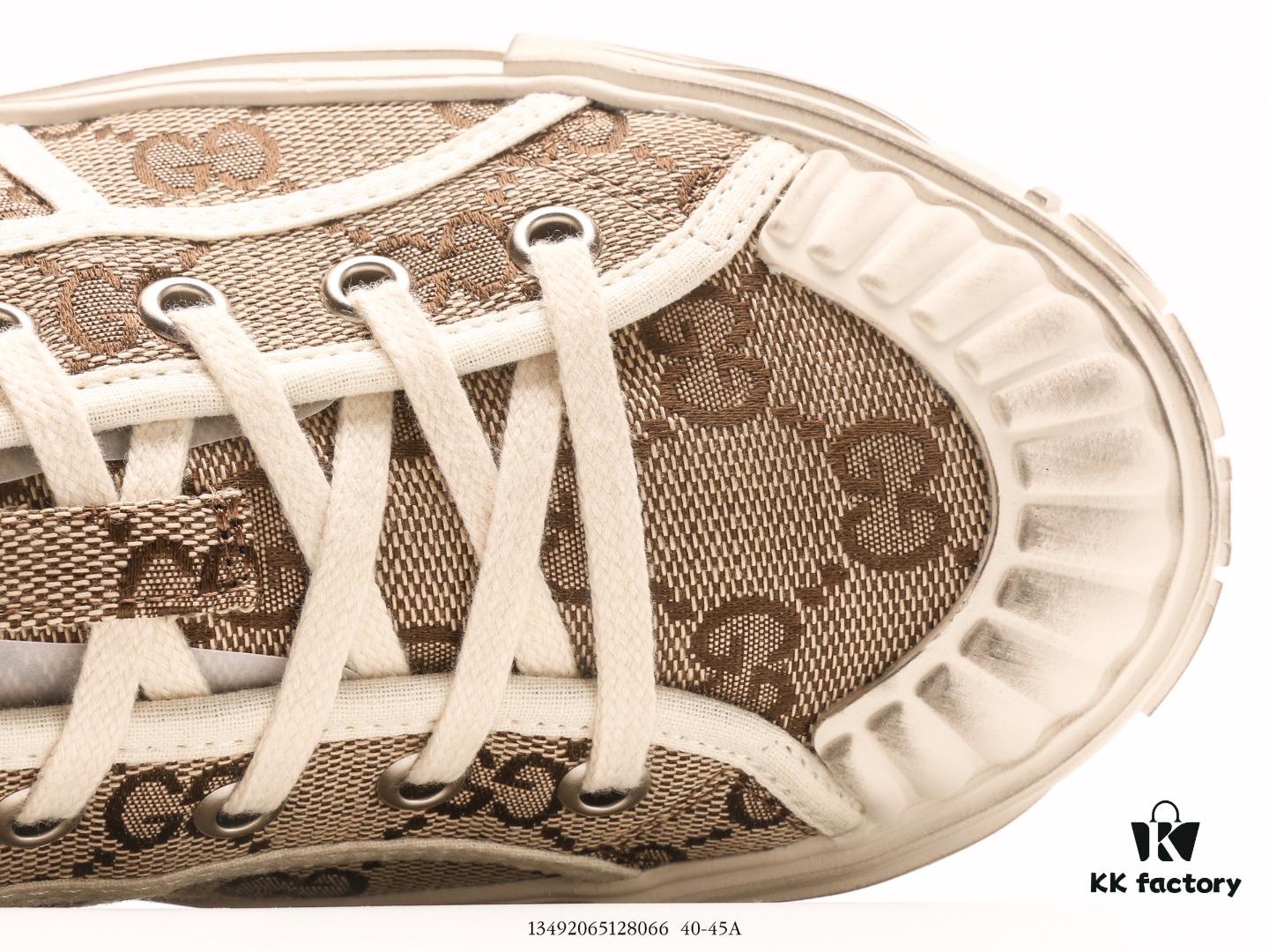 Gucci Tennis 1977 Vintage Canvas Sneakers, Iconic GG Supreme Pattern, Red and Green Web Stripe, Natural Rubber Sole, Classic Unisex Design