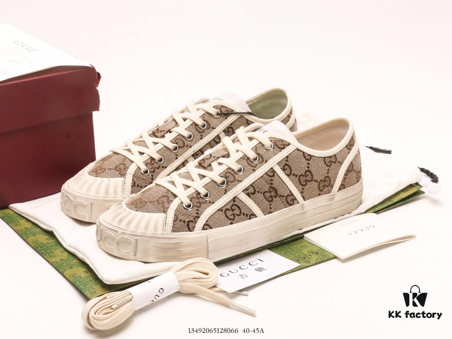 Gucci Tennis 1977 Vintage Canvas Sneakers, Iconic GG Supreme Pattern, Red and Green Web Stripe, Natural Rubber Sole, Classic Unisex Design