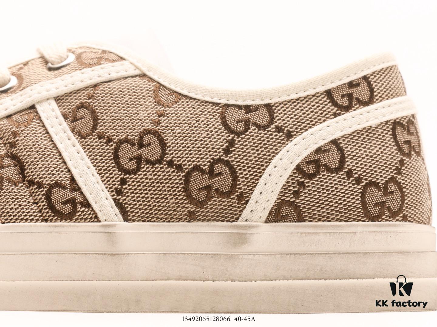 Gucci Tennis 1977 Vintage Canvas Sneakers, Iconic GG Supreme Pattern, Red and Green Web Stripe, Natural Rubber Sole, Classic Unisex Design