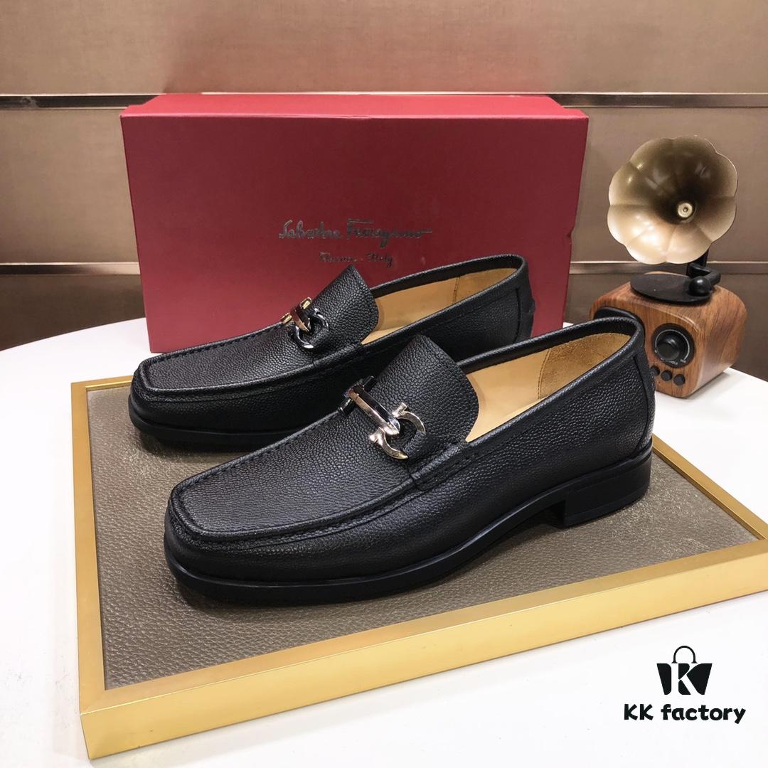 Ferragamo Latest Design Original Imported Top-Grade Calfskin Leather Shoes with Water-Dyed Leather Lining and Authentic Luxury Metal Buckle