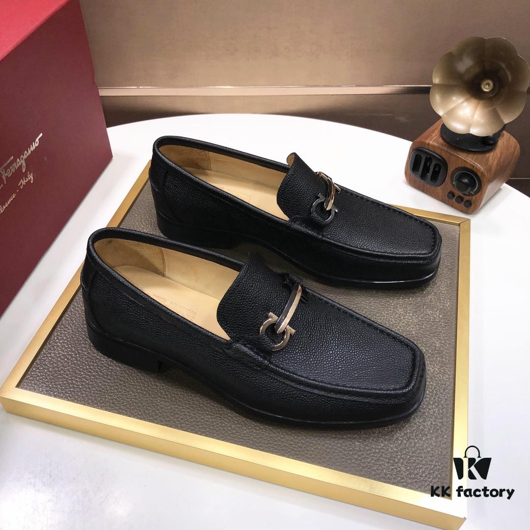 Ferragamo Latest Design Original Imported Top-Grade Calfskin Leather Shoes with Water-Dyed Leather Lining and Authentic Luxury Metal Buckle