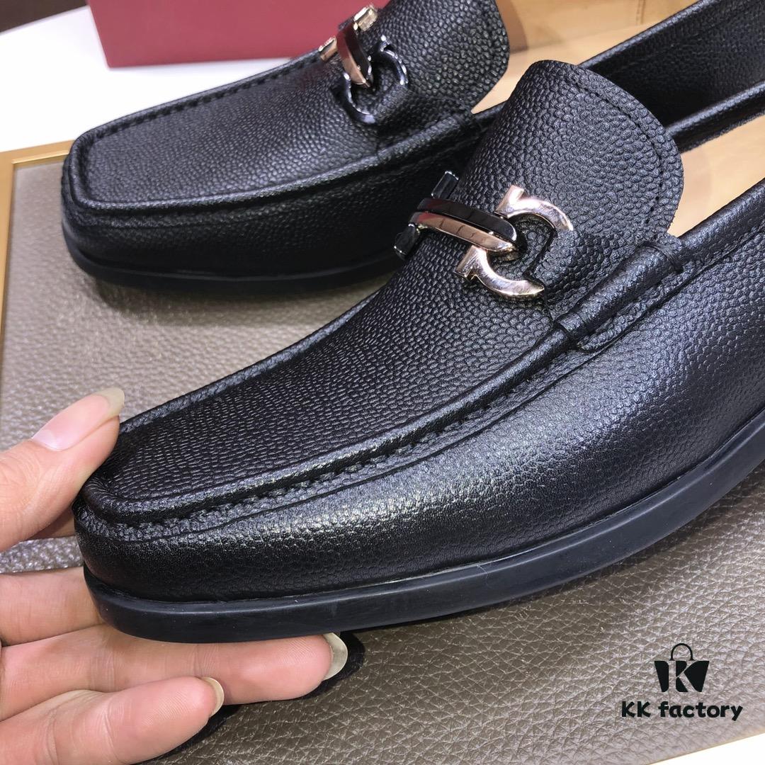 Ferragamo Latest Design Original Imported Top-Grade Calfskin Leather Shoes with Water-Dyed Leather Lining and Authentic Luxury Metal Buckle
