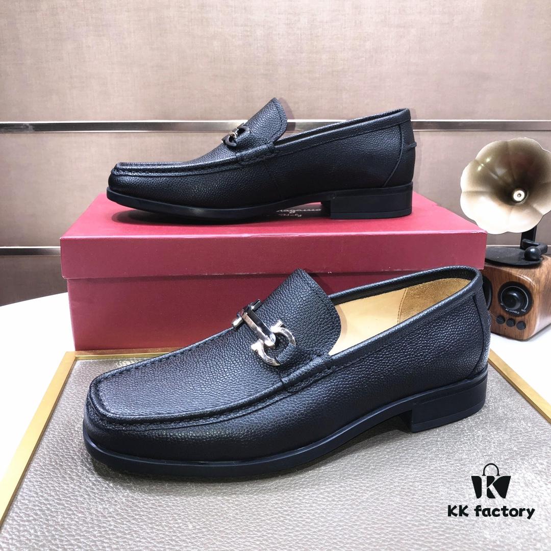 Ferragamo Latest Design Original Imported Top-Grade Calfskin Leather Shoes with Water-Dyed Leather Lining and Authentic Luxury Metal Buckle