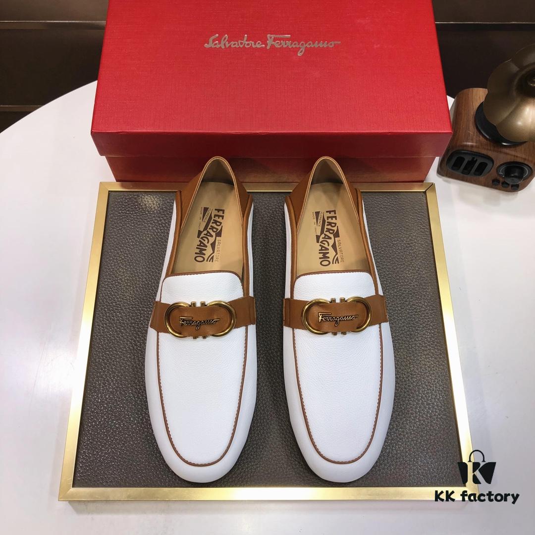 Ferragamo Latest Model Genuine Imported Top-Grade Cowhide Handwoven Loafers with Premium Calfskin Lining and Original Luxury Metal Buckle