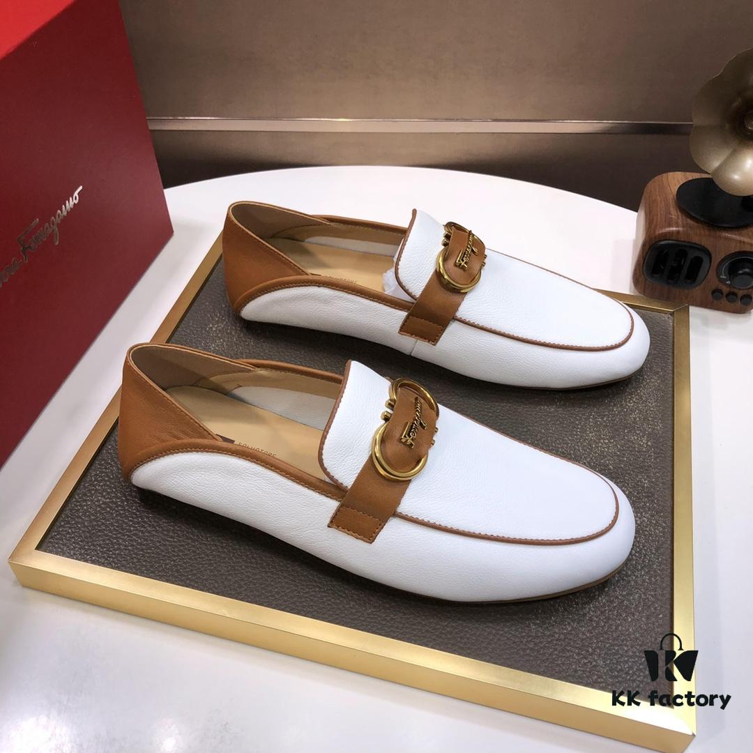 Ferragamo Latest Model Genuine Imported Top-Grade Cowhide Handwoven Loafers with Premium Calfskin Lining and Original Luxury Metal Buckle