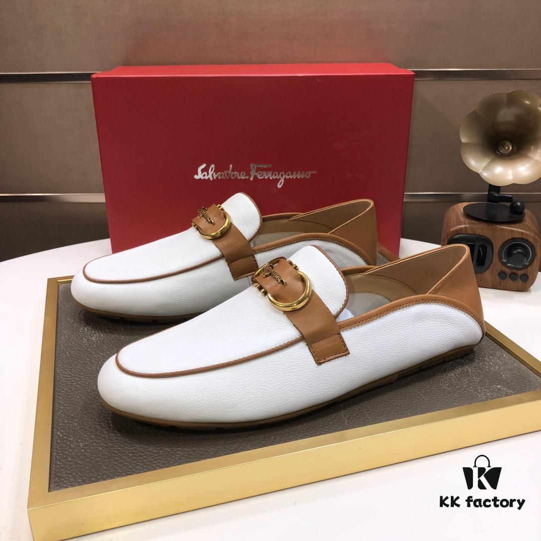 Ferragamo Latest Model Genuine Imported Top-Grade Cowhide Handwoven Loafers with Premium Calfskin Lining and Original Luxury Metal Buckle