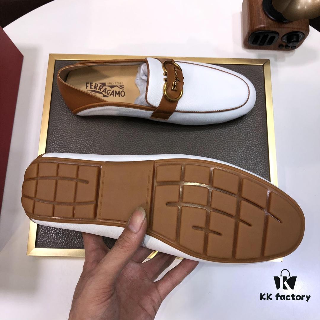 Ferragamo Latest Model Genuine Imported Top-Grade Cowhide Handwoven Loafers with Premium Calfskin Lining and Original Luxury Metal Buckle