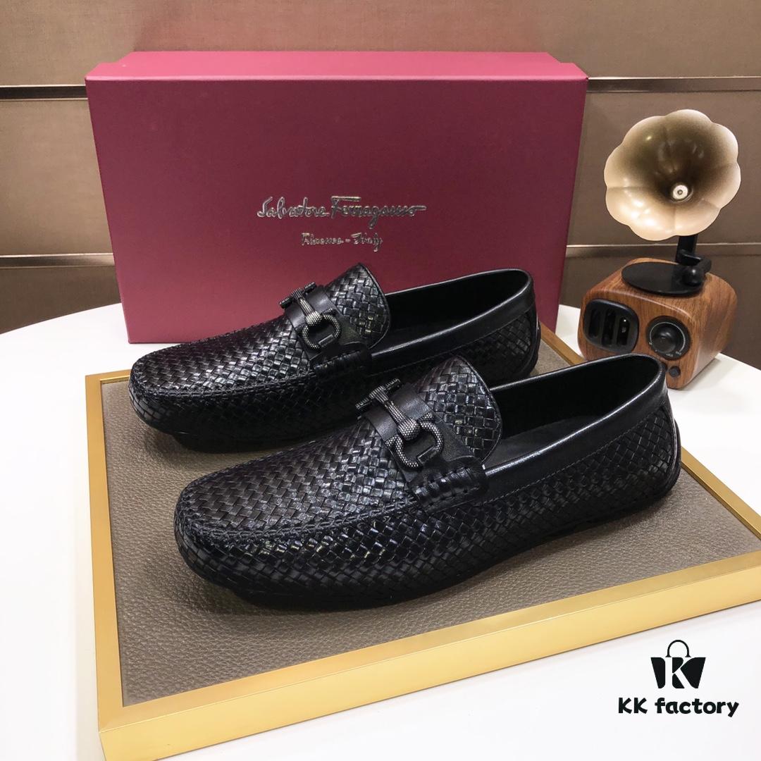 Ferragamo Latest Collection Original Imported Top-Grade Calfskin Leather Loafers with Signature Metal Detail