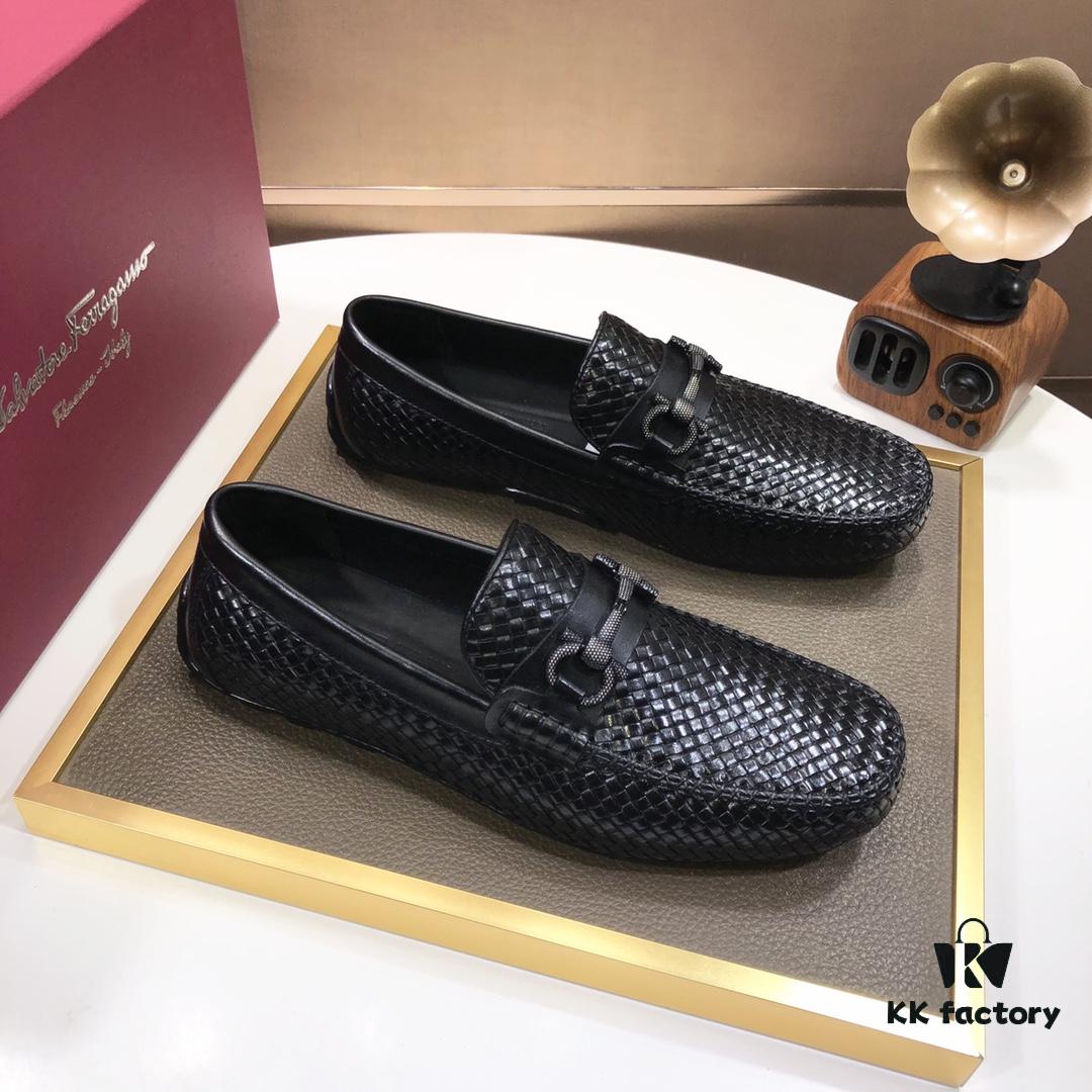 Ferragamo Latest Collection Original Imported Top-Grade Calfskin Leather Loafers with Signature Metal Detail