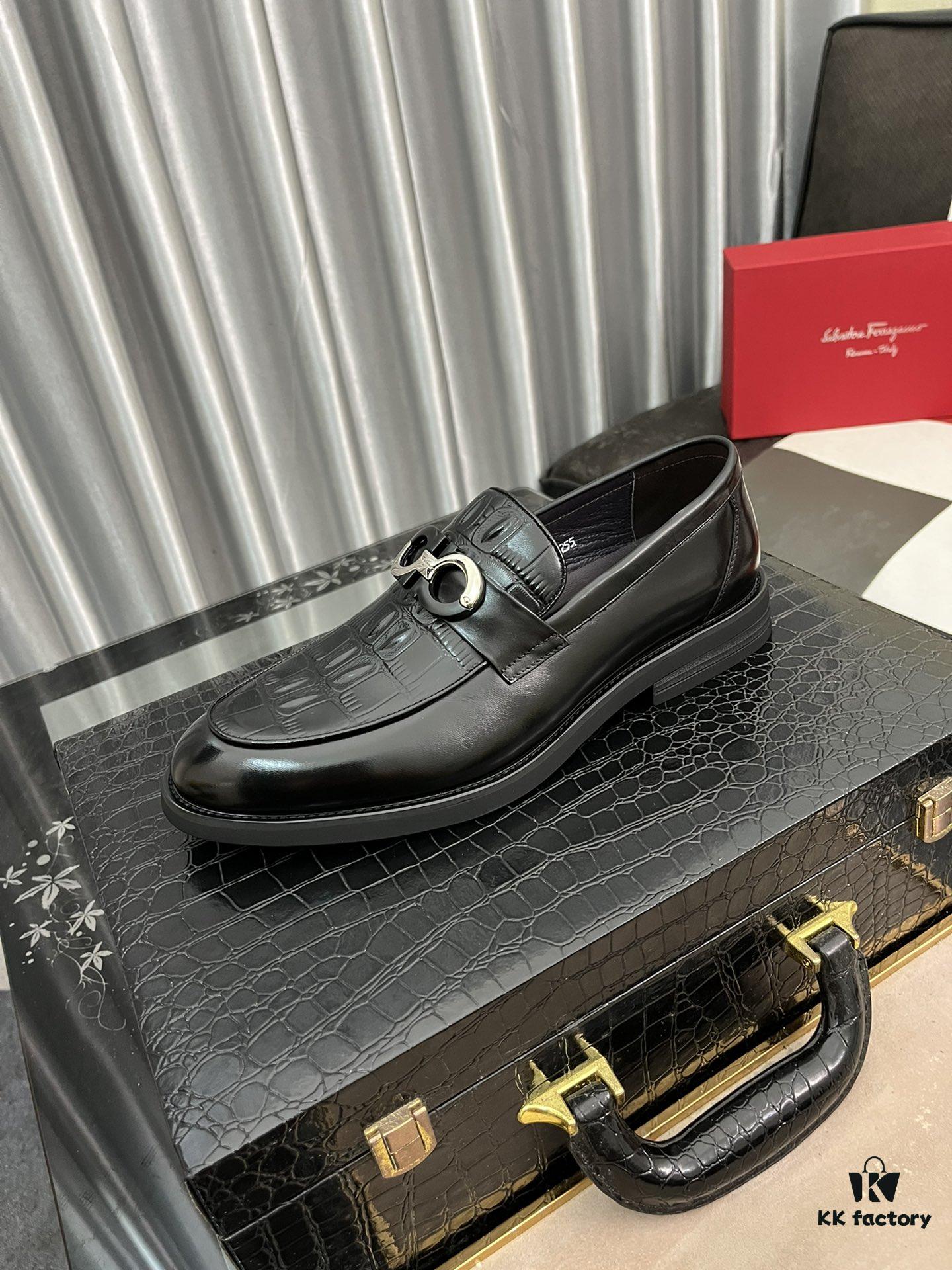 【Ferragamo】 Hong Kong Original Quality Loafers, Premium Italian Glossy Leather Men's Slip-on Casual Shoes, Top-Grade Lamb Lining, Non-slip Durable Rubber Sole