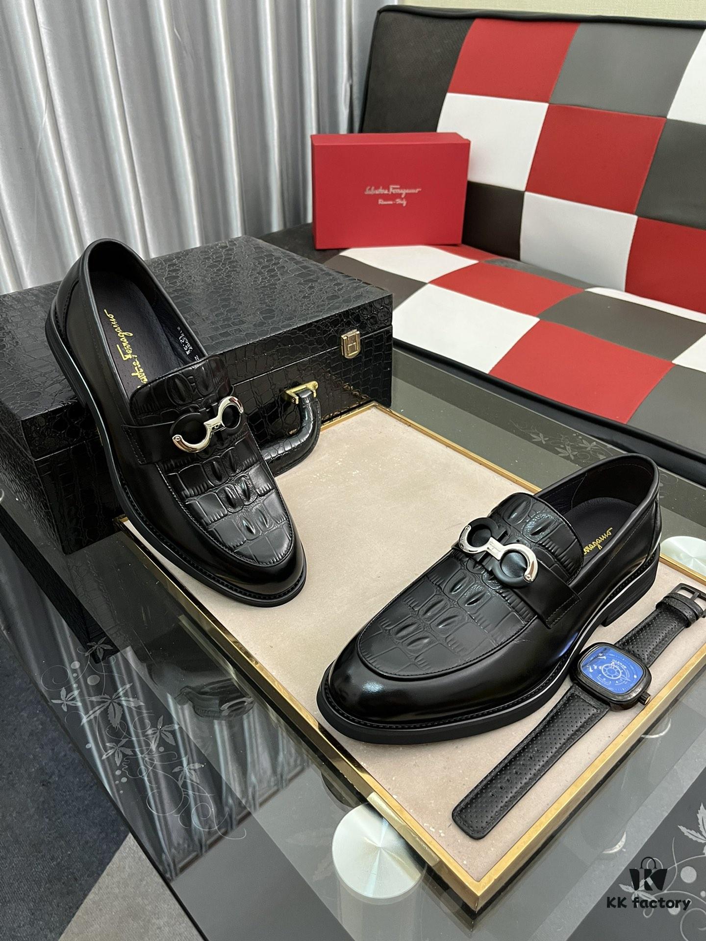 【Ferragamo】 Hong Kong Original Quality Loafers, Premium Italian Glossy Leather Men's Slip-on Casual Shoes, Top-Grade Lamb Lining, Non-slip Durable Rubber Sole