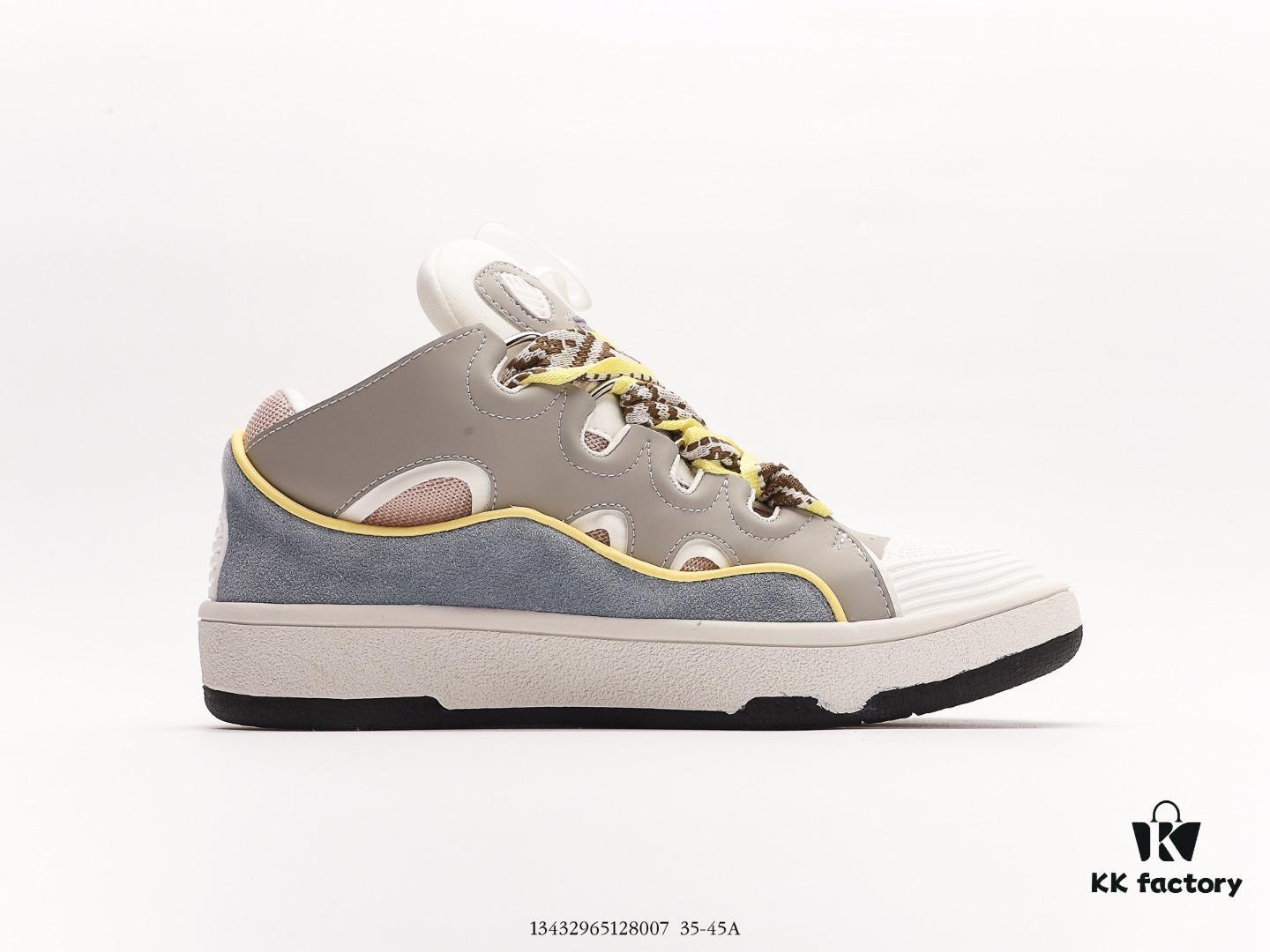 Lanvin Leather Curb Sneakers Bread Shoes Inspired by 90s Athletic Footwear, Made from Calfskin, Suede, and Mesh Fabric, Original Mold Hardware Buckle, Authentic Dual-Color TPU Outsole