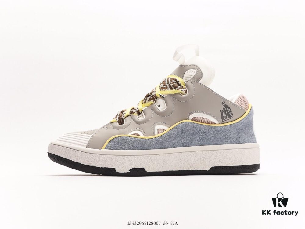 Lanvin Leather Curb Sneakers Bread Shoes Inspired by 90s Athletic Footwear, Made from Calfskin, Suede, and Mesh Fabric, Original Mold Hardware Buckle, Authentic Dual-Color TPU Outsole