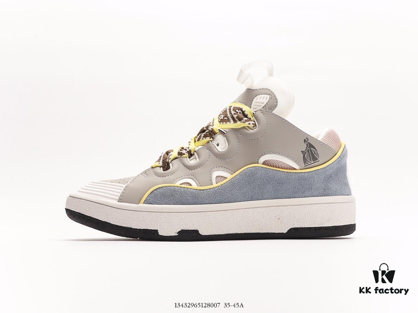 Lanvin Leather Curb Sneakers Bread Shoes Inspired by 90s Athletic Footwear, Made from Calfskin, Suede, and Mesh Fabric, Original Mold Hardware Buckle, Authentic Dual-Color TPU Outsole