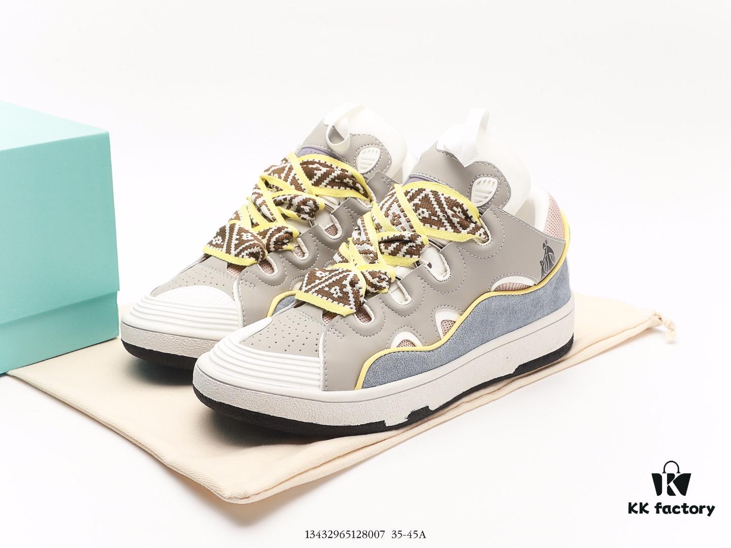 Lanvin Leather Curb Sneakers Bread Shoes Inspired by 90s Athletic Footwear, Made from Calfskin, Suede, and Mesh Fabric, Original Mold Hardware Buckle, Authentic Dual-Color TPU Outsole