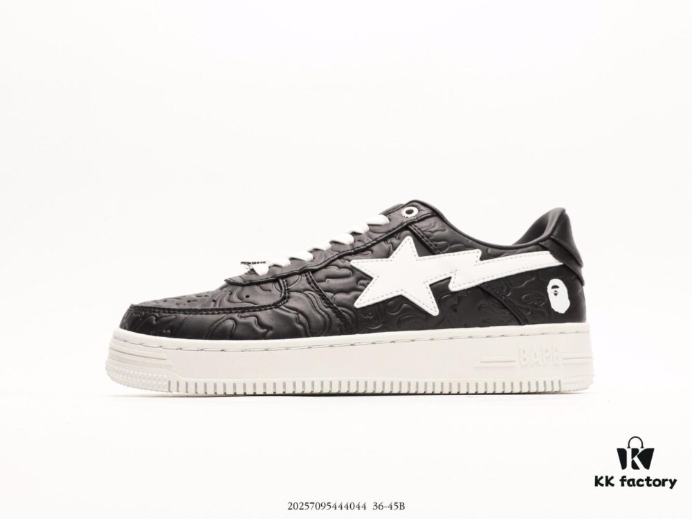 Ape Head Bape Sta Tokyo Embossed Black and White, Trendsetting Nigo Brand, Classic Ape Head Skate Unisex Casual Sports Sneakers, Classic Ape Head Design, Authentic Silhouette, Seaglass Insole, Full-Length Air Cushion Inside, Premium Complete Packaging Including Custom Ape Logo Dust Bag, Ape Logo Card, Shock-Resistant Drawer Shoe Box
