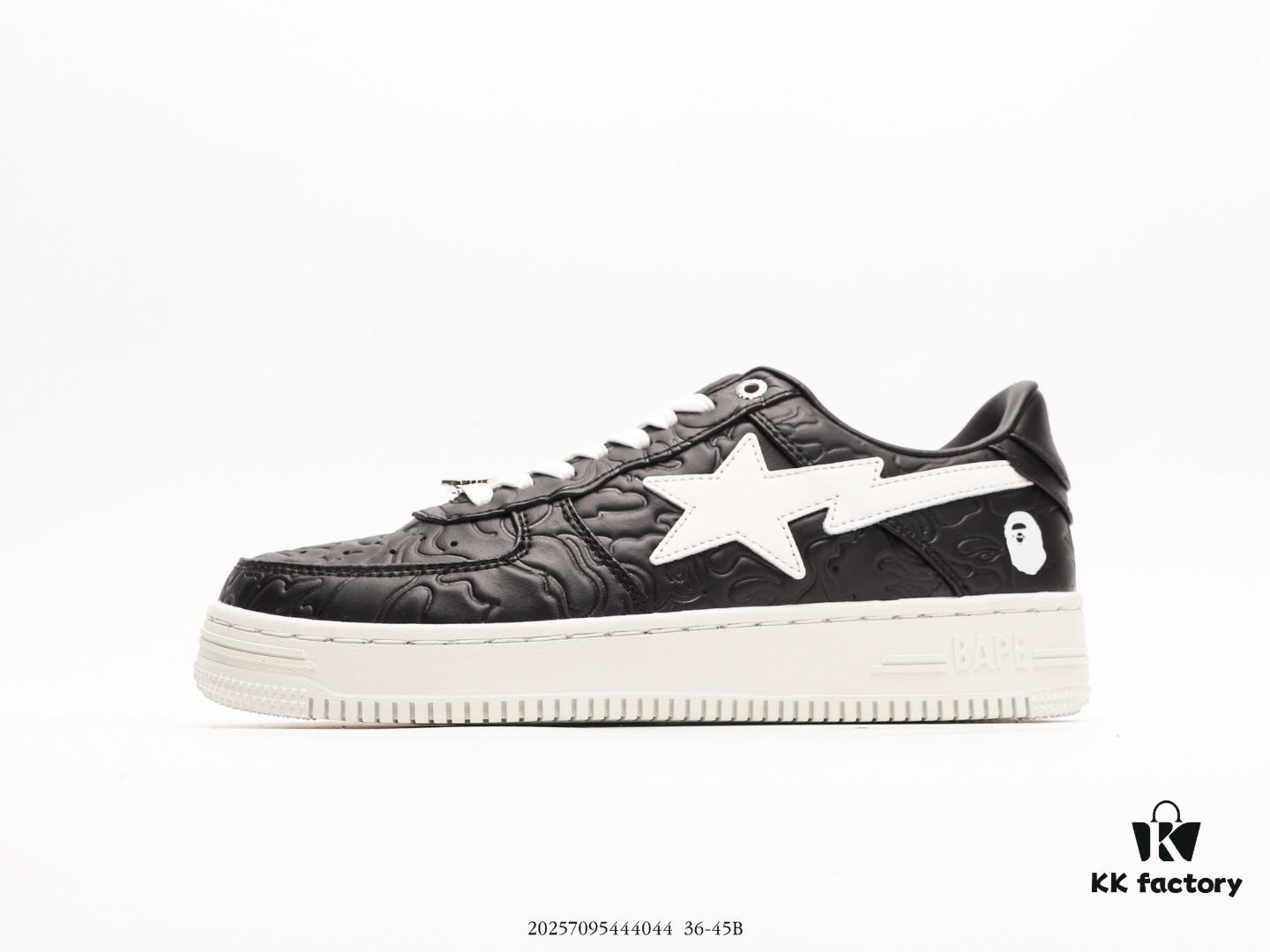 Ape Head Bape Sta Tokyo Embossed Black and White, Trendsetting Nigo Brand, Classic Ape Head Skate Unisex Casual Sports Sneakers, Classic Ape Head Design, Authentic Silhouette, Seaglass Insole, Full-Length Air Cushion Inside, Premium Complete Packaging Including Custom Ape Logo Dust Bag, Ape Logo Card, Shock-Resistant Drawer Shoe Box