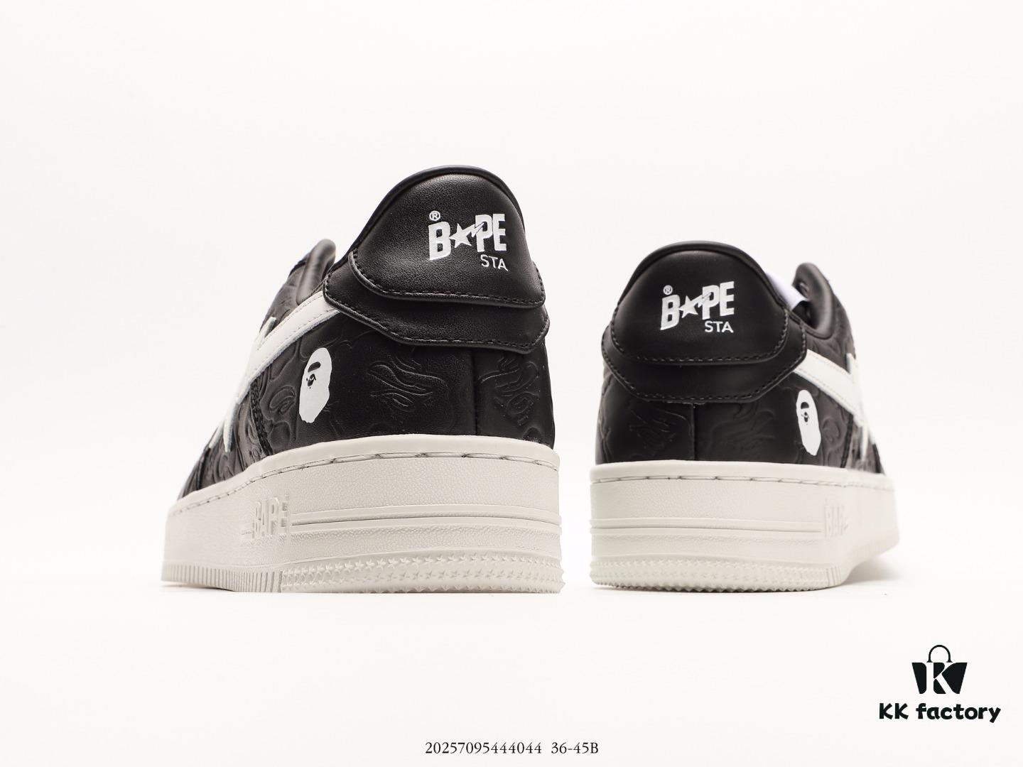 Ape Head Bape Sta Tokyo Embossed Black and White, Trendsetting Nigo Brand, Classic Ape Head Skate Unisex Casual Sports Sneakers, Classic Ape Head Design, Authentic Silhouette, Seaglass Insole, Full-Length Air Cushion Inside, Premium Complete Packaging Including Custom Ape Logo Dust Bag, Ape Logo Card, Shock-Resistant Drawer Shoe Box