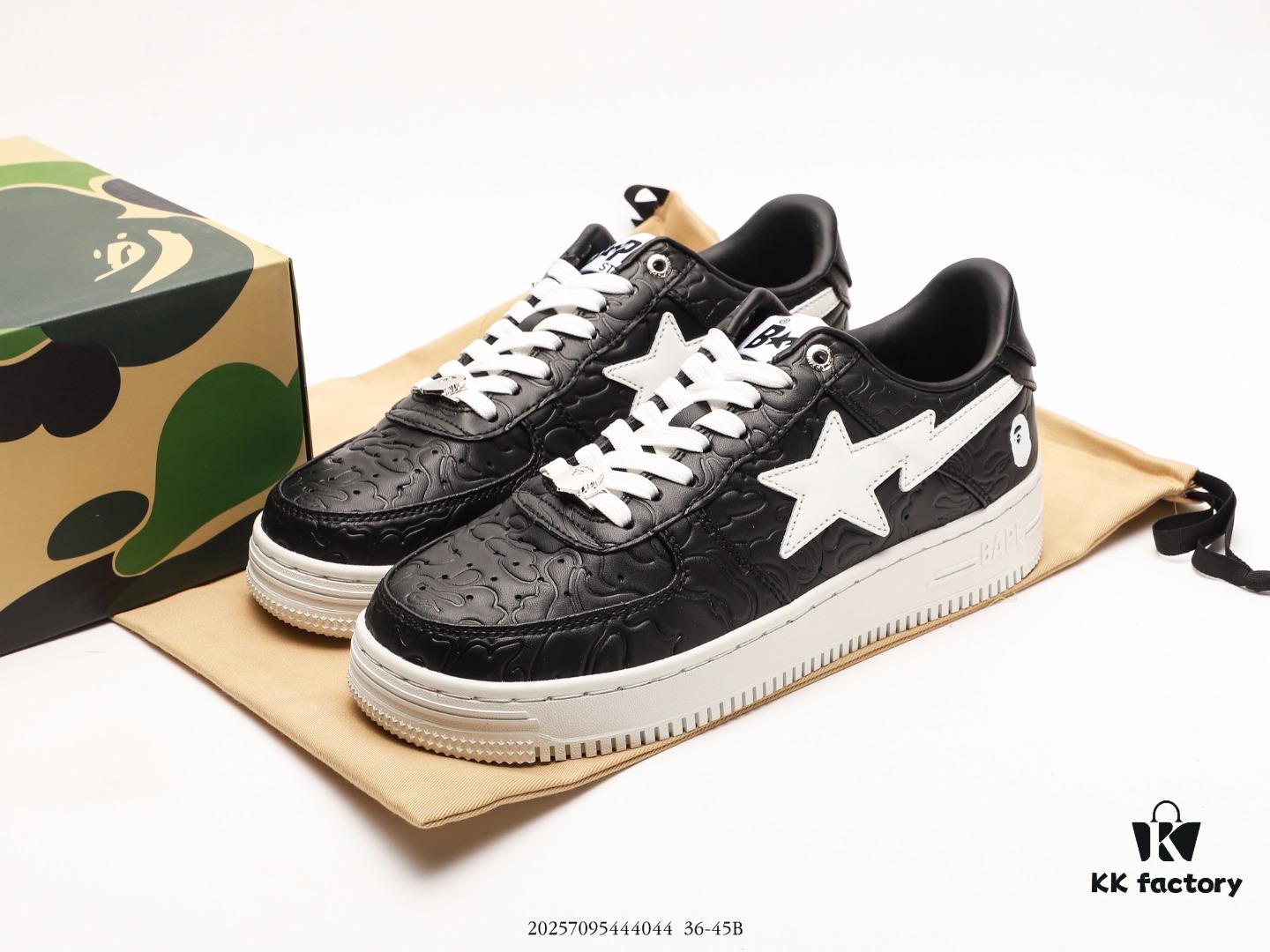 Ape Head Bape Sta Tokyo Embossed Black and White, Trendsetting Nigo Brand, Classic Ape Head Skate Unisex Casual Sports Sneakers, Classic Ape Head Design, Authentic Silhouette, Seaglass Insole, Full-Length Air Cushion Inside, Premium Complete Packaging Including Custom Ape Logo Dust Bag, Ape Logo Card, Shock-Resistant Drawer Shoe Box