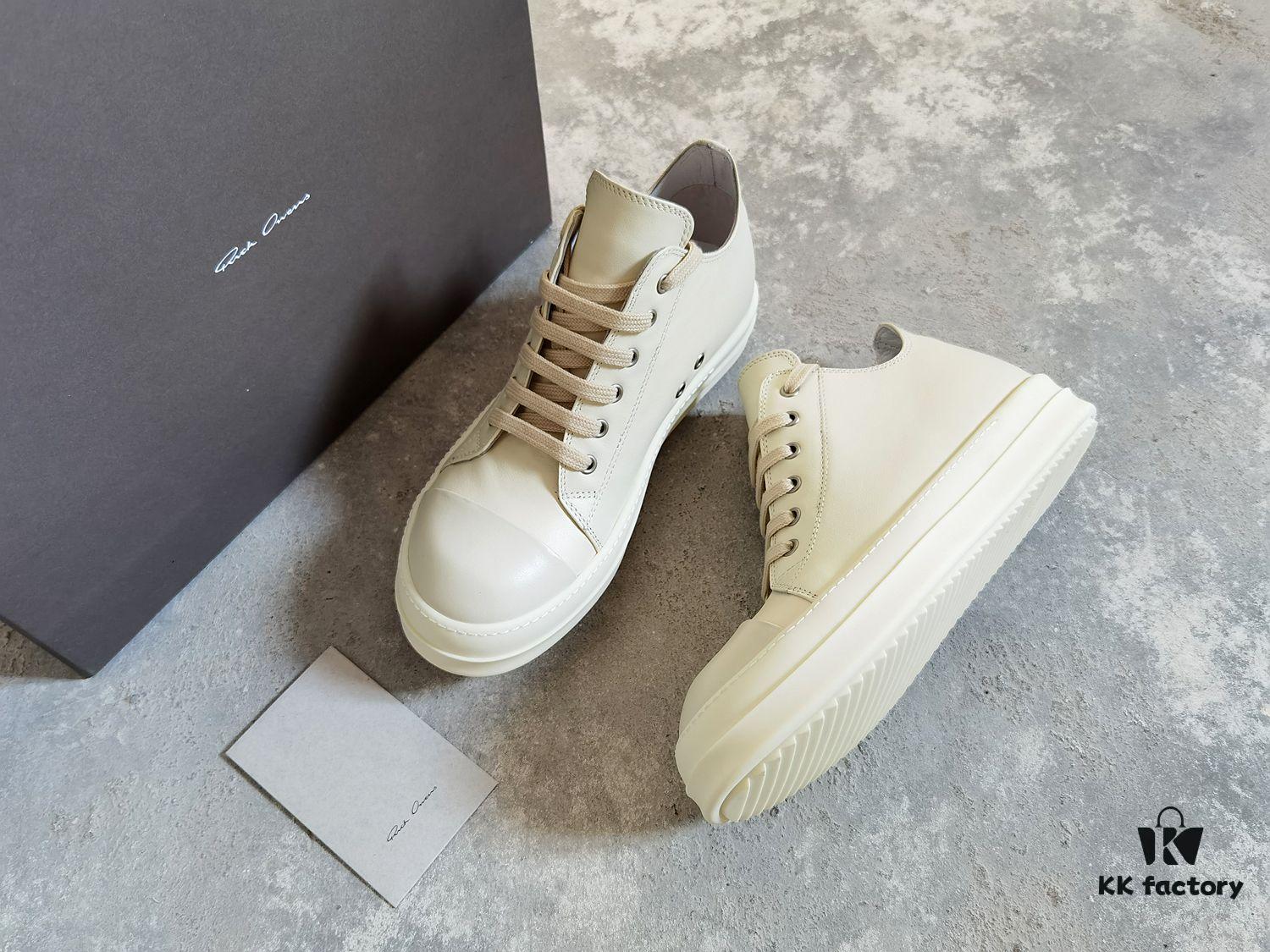 Top-tier Rick Owens Style All-white Leather Low-top Lace-up Shoes