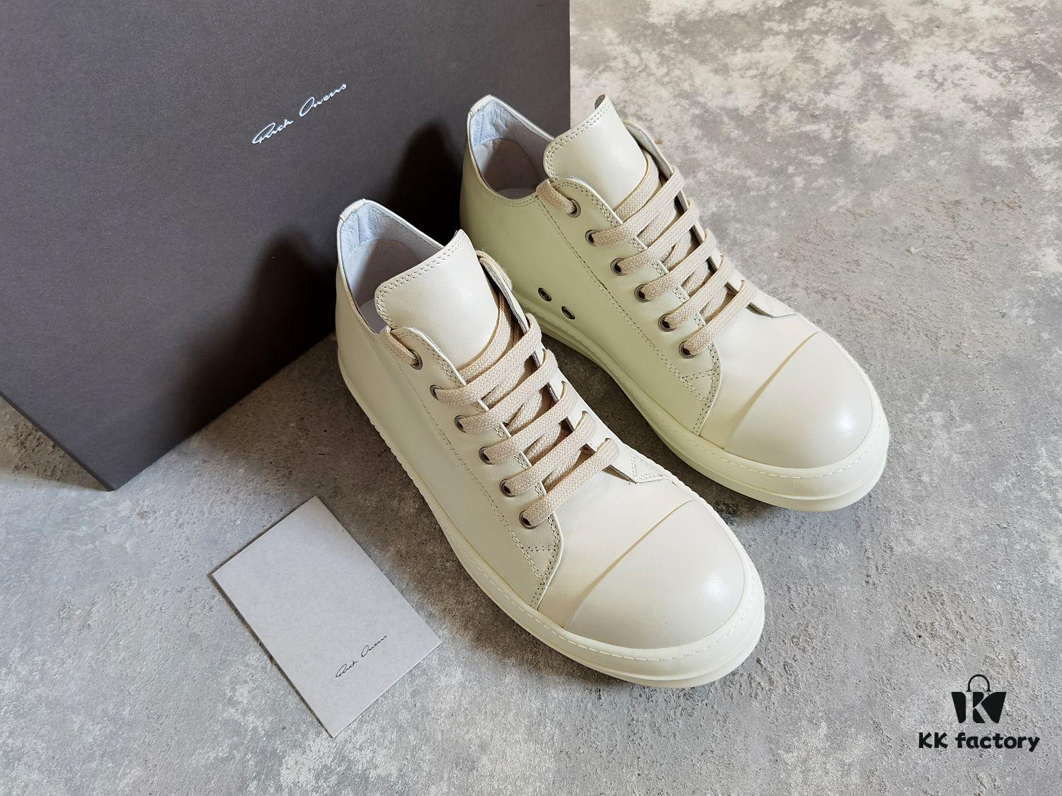 Top-tier Rick Owens Style All-white Leather Low-top Lace-up Shoes