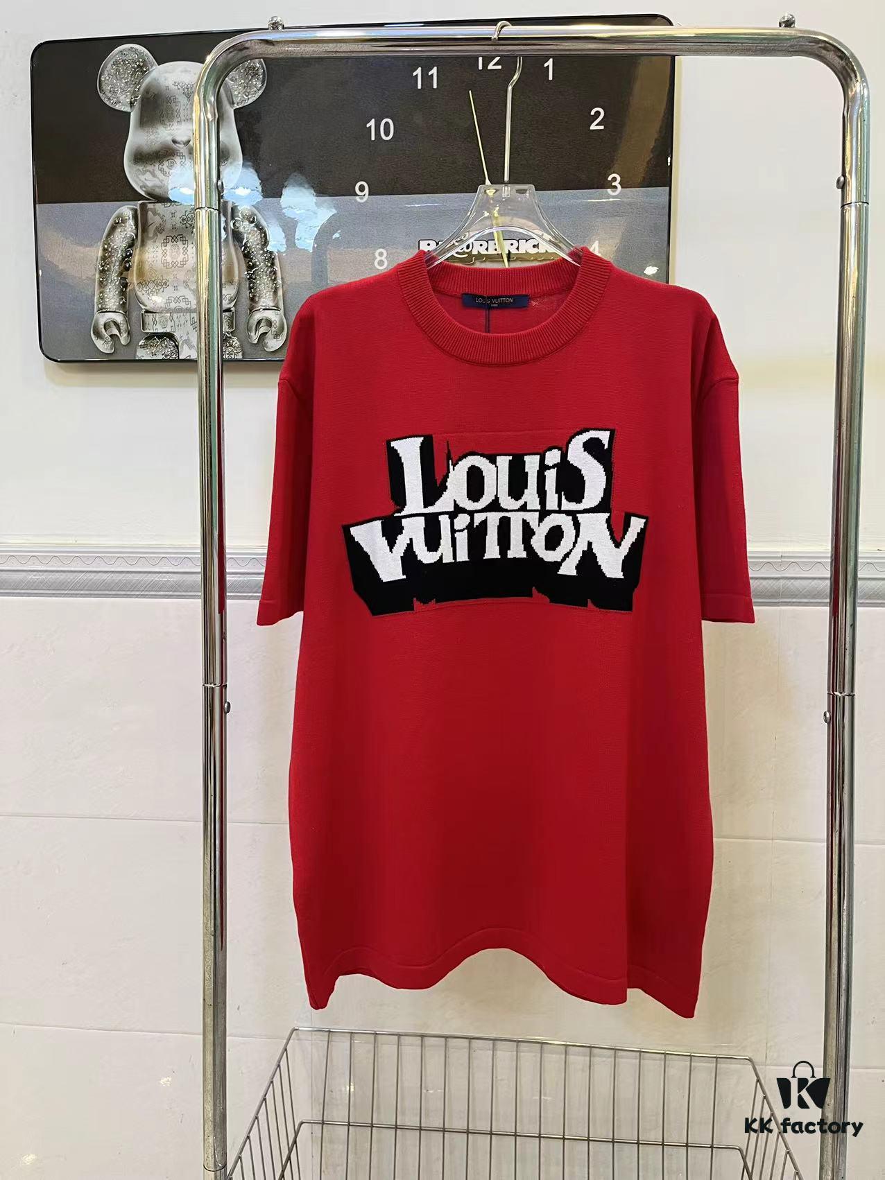 LOUIS VUITTON LV Monogram Jacquard Knit Short-Sleeve T-Shirt 24SS, Made with Fine Cotton Knitting, Intarsia LU Logo on Chest, Soft and Comfortable Fit