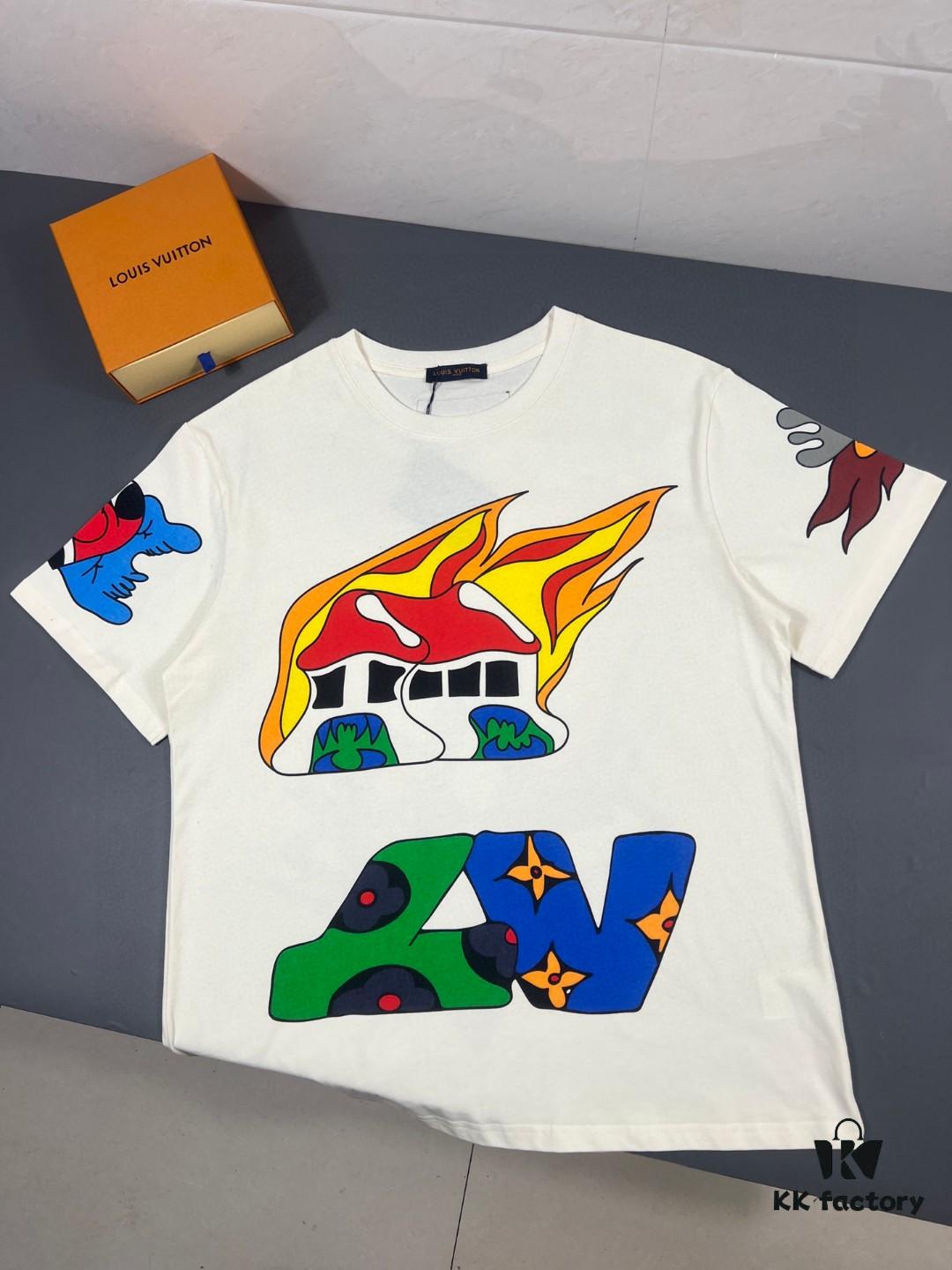 LOUIS VUITTON Lv Louis Vuitton European Runway Flame Short Sleeve T-Shirt with Front and Back Colorful Graffiti Print