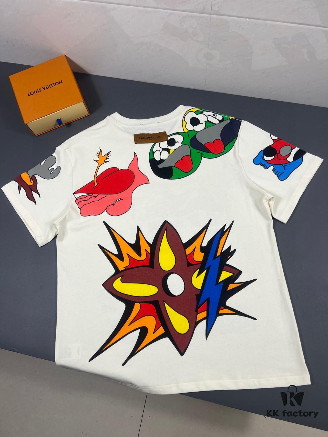 LOUIS VUITTON Lv Louis Vuitton European Runway Flame Short Sleeve T-Shirt with Front and Back Colorful Graffiti Print