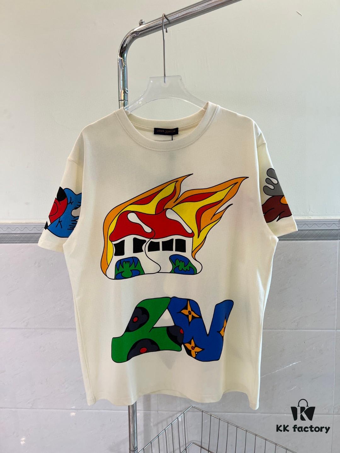 LOUIS VUITTON Lv Louis Vuitton European Runway Flame Short Sleeve T-Shirt with Front and Back Colorful Graffiti Print