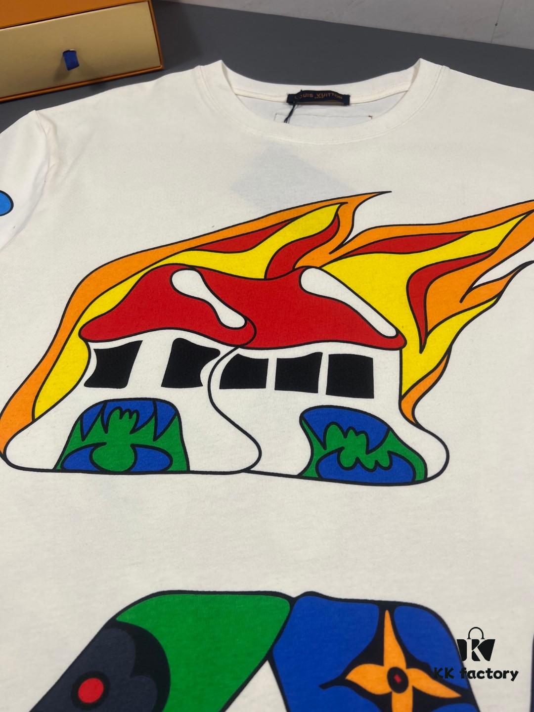 LOUIS VUITTON Lv Louis Vuitton European Runway Flame Short Sleeve T-Shirt with Front and Back Colorful Graffiti Print