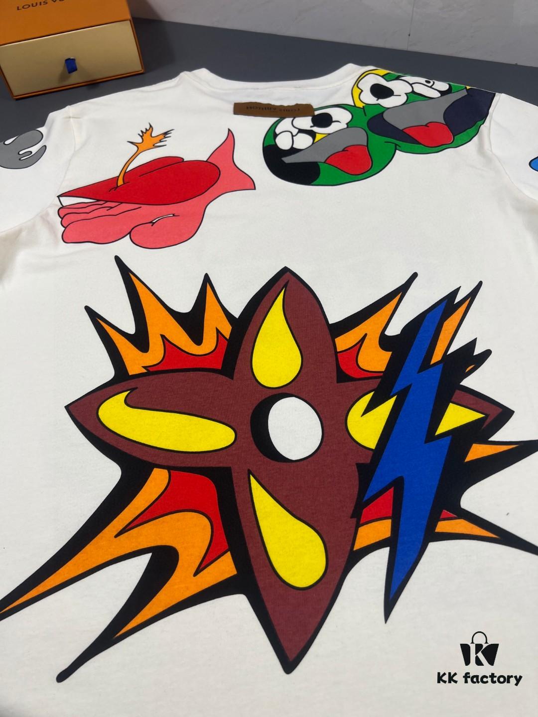 LOUIS VUITTON Lv Louis Vuitton European Runway Flame Short Sleeve T-Shirt with Front and Back Colorful Graffiti Print