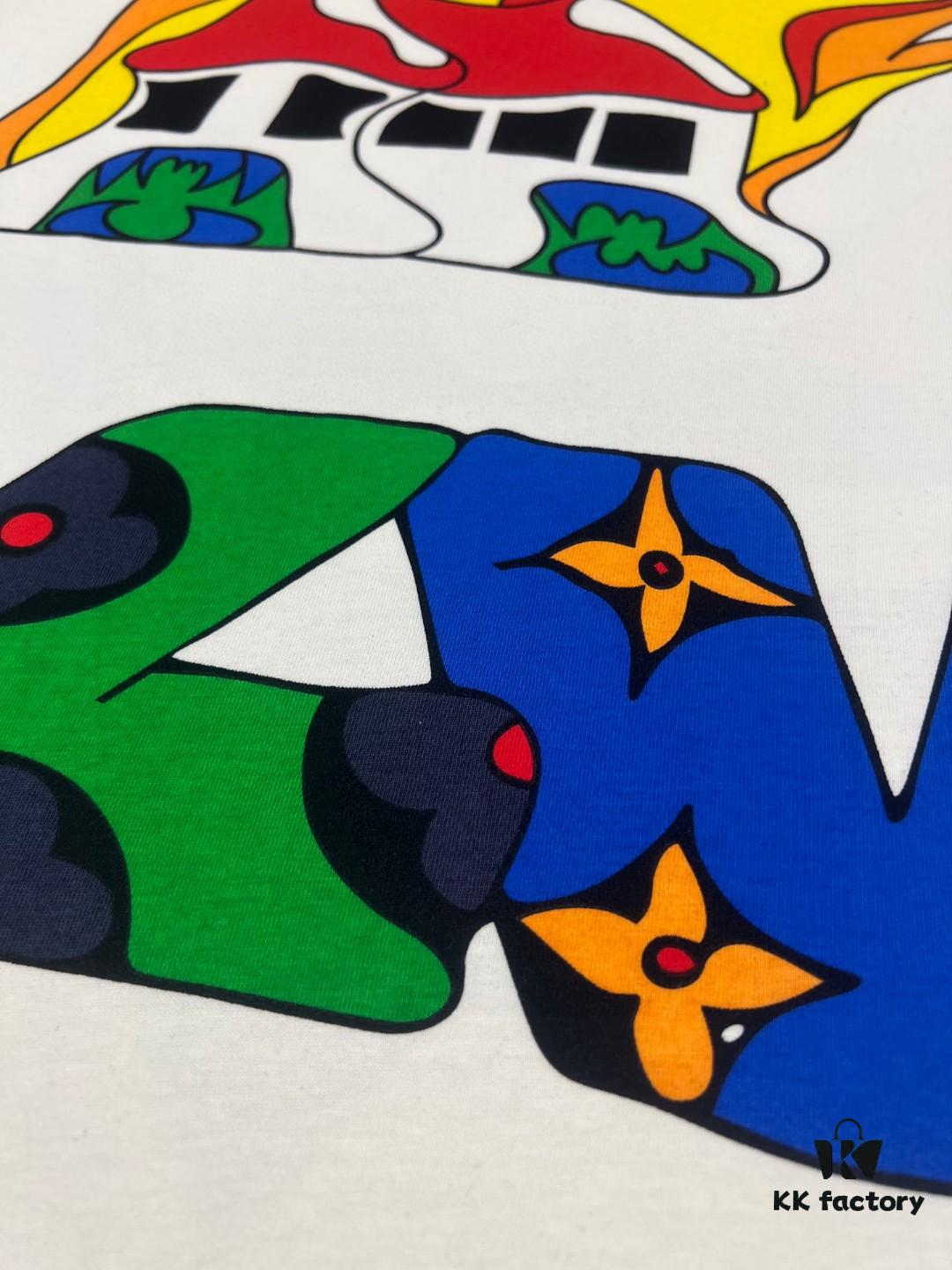 LOUIS VUITTON Lv Louis Vuitton European Runway Flame Short Sleeve T-Shirt with Front and Back Colorful Graffiti Print