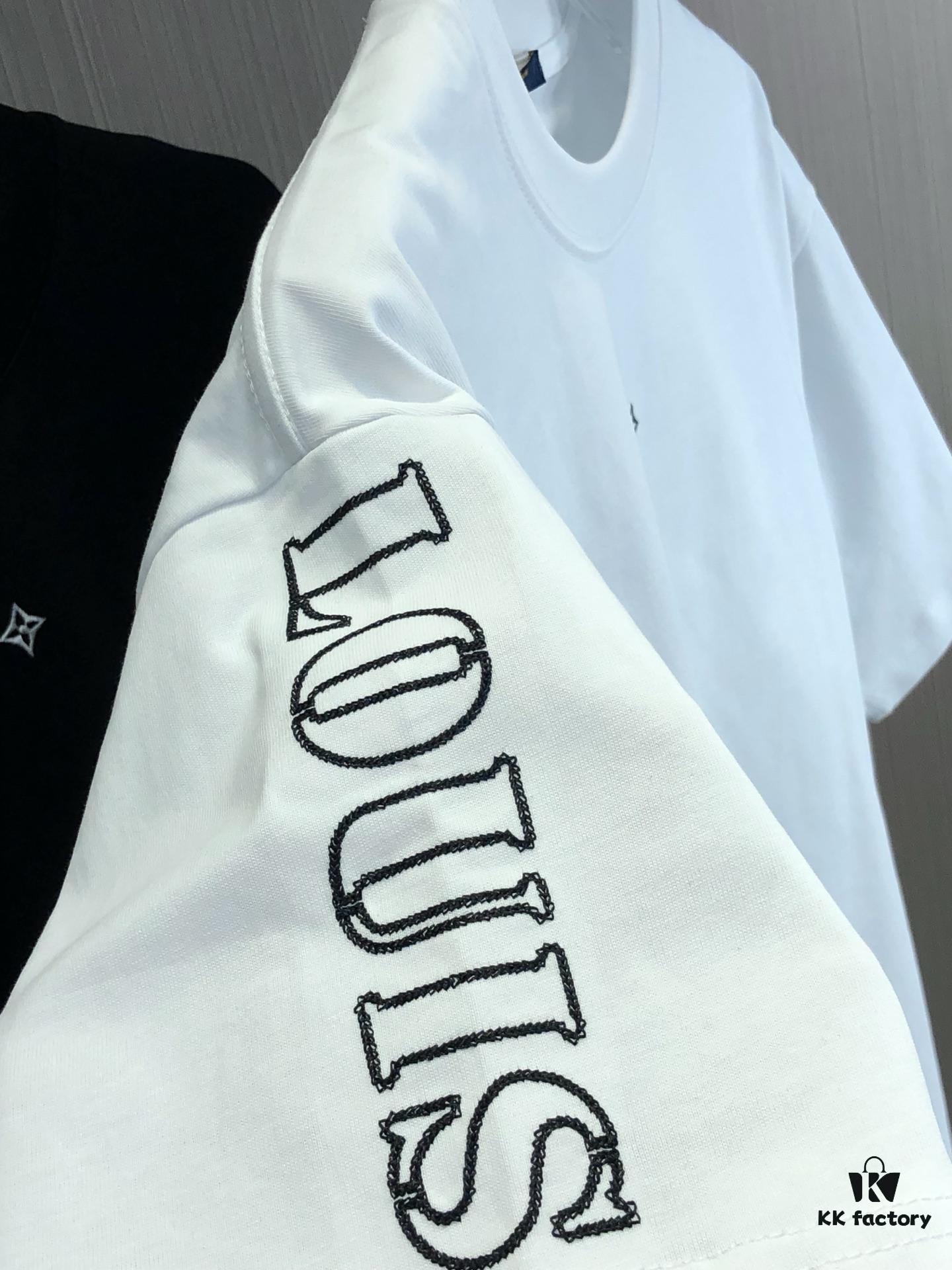 LV Louis Vuitton 2025 Spring-Summer New Arrival Round Neck Short Sleeve T-Shirt with Front Embroidery and Back Chain Stitching, Made from 320g Double-Combed Cotton Fabric, Slightly Loose Fit, Soft and Substantial Texture, Unisex Design