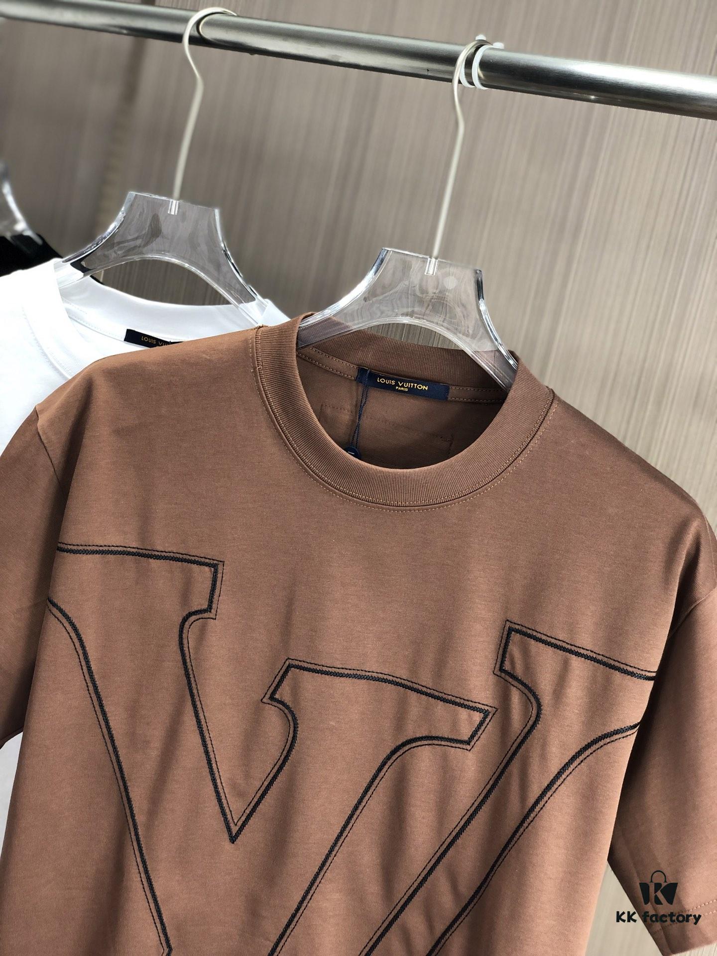 LV Louis Vuitton 2025 Spring/Summer New Arrival Round Neck Short Sleeve T-Shirt with Chain and Single Needle Embroidery, Premium 320g Double-Combed Cotton Fabric, Slightly Loose Fit, Unisex Design
