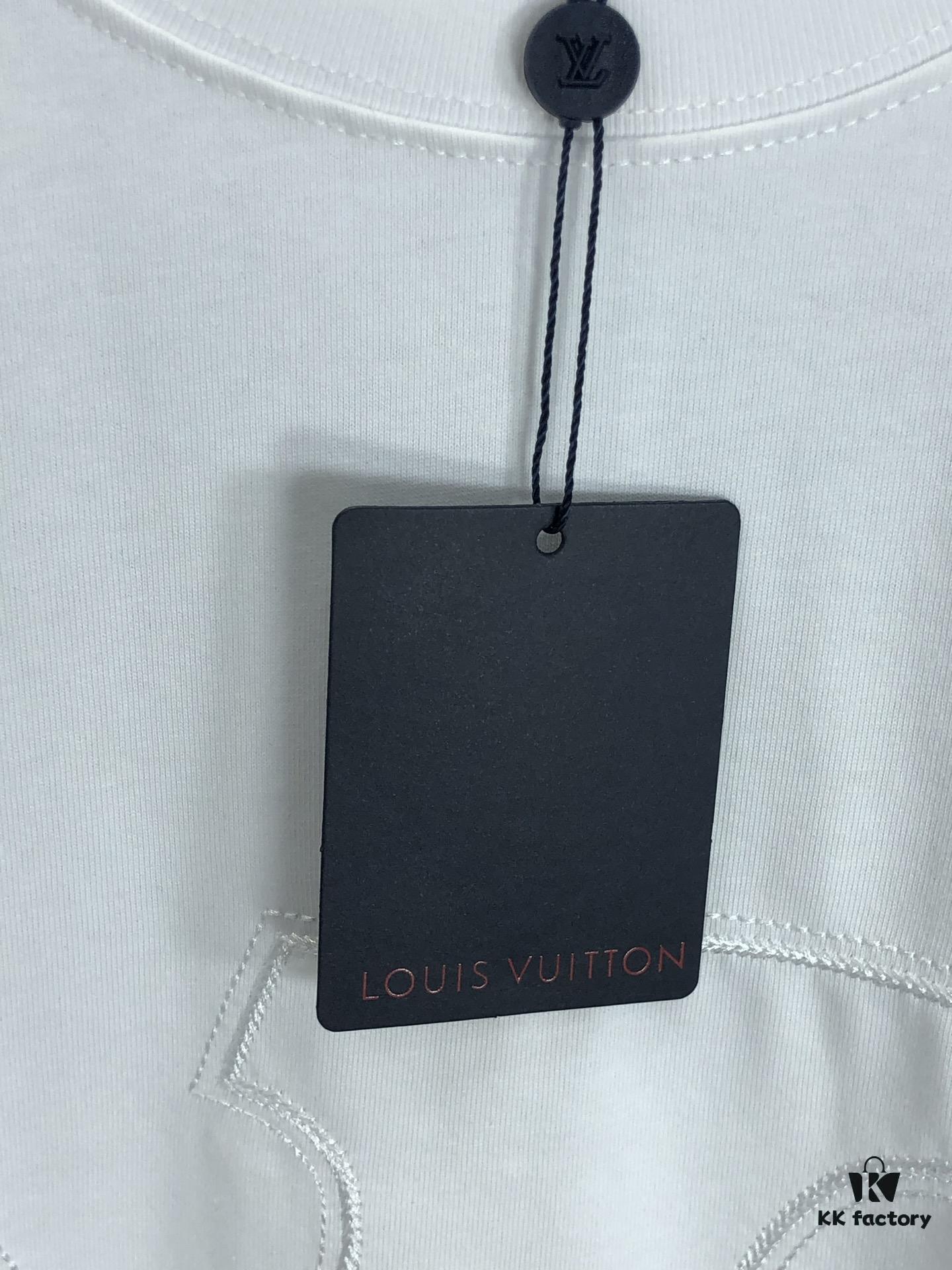 LV Louis Vuitton 2025 Spring/Summer New Arrival Round Neck Short Sleeve T-Shirt with Chain and Single Needle Embroidery, Premium 320g Double-Combed Cotton Fabric, Slightly Loose Unisex Fit