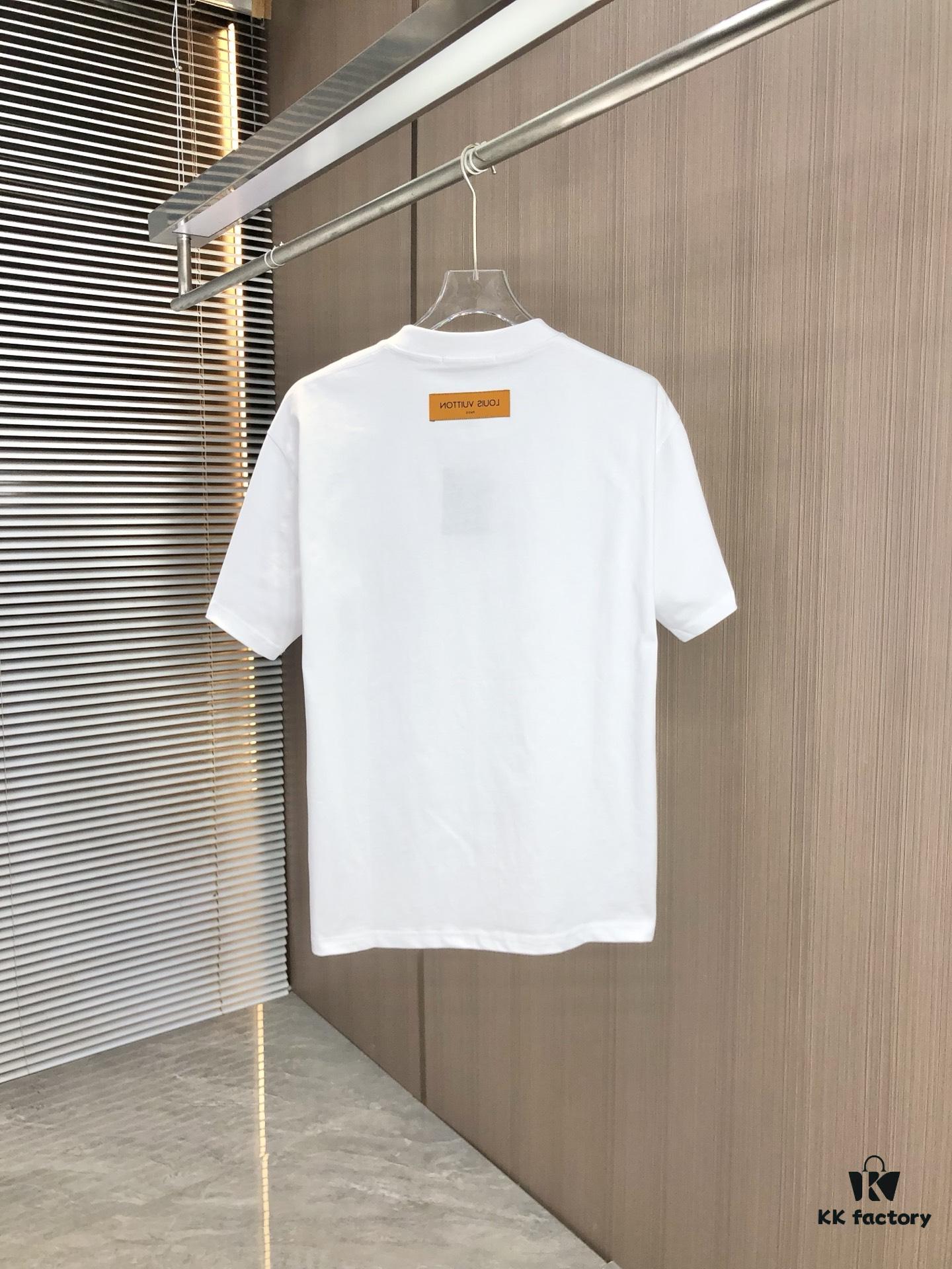LV Louis Vuitton 2025 Spring/Summer New Arrival Round Neck Short Sleeve T-Shirt with Chain and Single Needle Embroidery, Premium 320g Double-Combed Cotton Fabric, Slightly Loose Unisex Fit