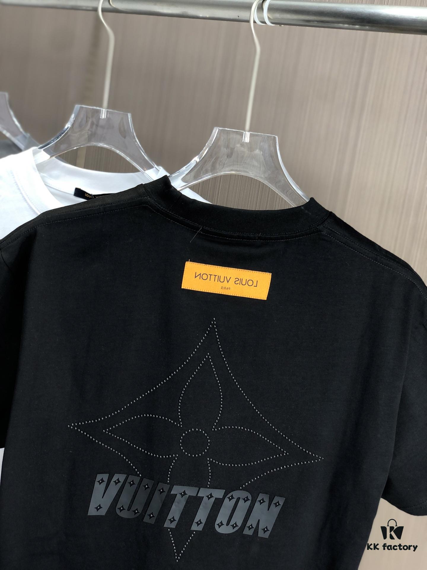 LV Louis Vuitton 2025 Spring/Summer New Arrival Round Neck Short Sleeve T-Shirt with Hot-Stone Embellishment and Engraved Pattern Technique, Made from High-Density 320g Double-Yarn Combed Cotton Fabric, Slightly Loose Fit, Soft and Substantial Fabric Texture, Unisex Design