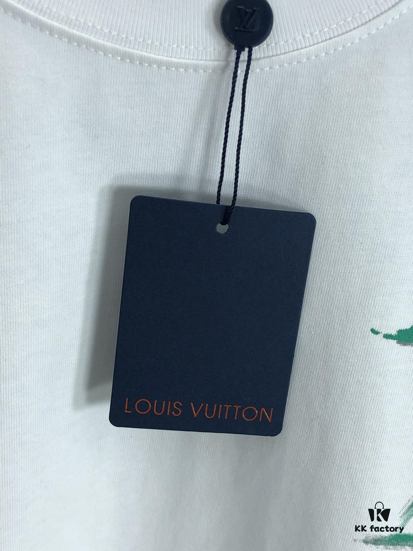 LV Louis Vuitton 2025 Spring-Summer New Arrival Round Neck Short Sleeve T-Shirt with Hand-Painted Print, Made from 320g Double-Layer Combed Cotton Fabric, Slightly Loose Fit, Soft and Substantial Fabric Texture, Unisex Design
