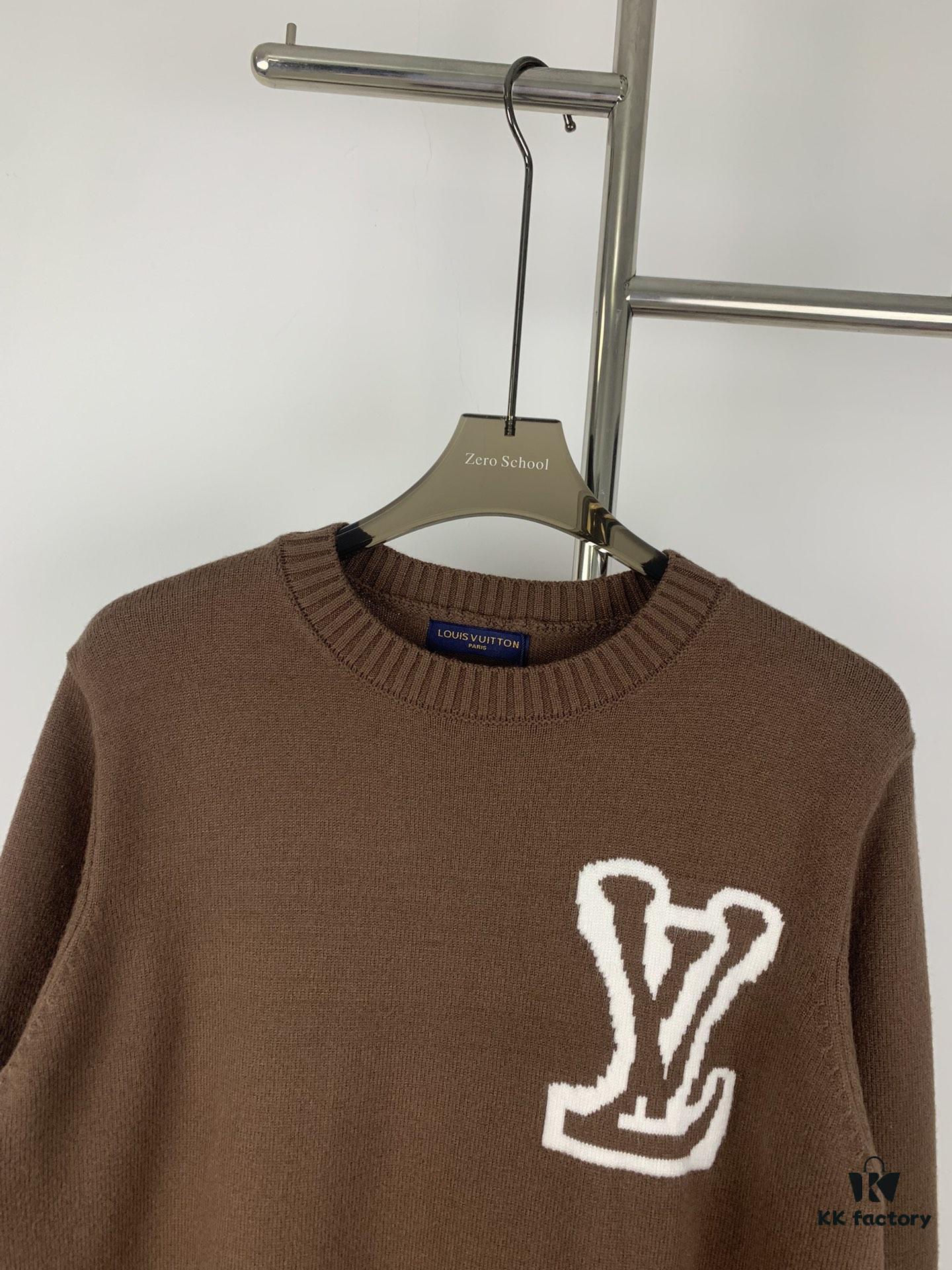 New LV Louis Vuitton White Knitted Logo Beige and Coffee Color Crew Neck Sweater Unisex