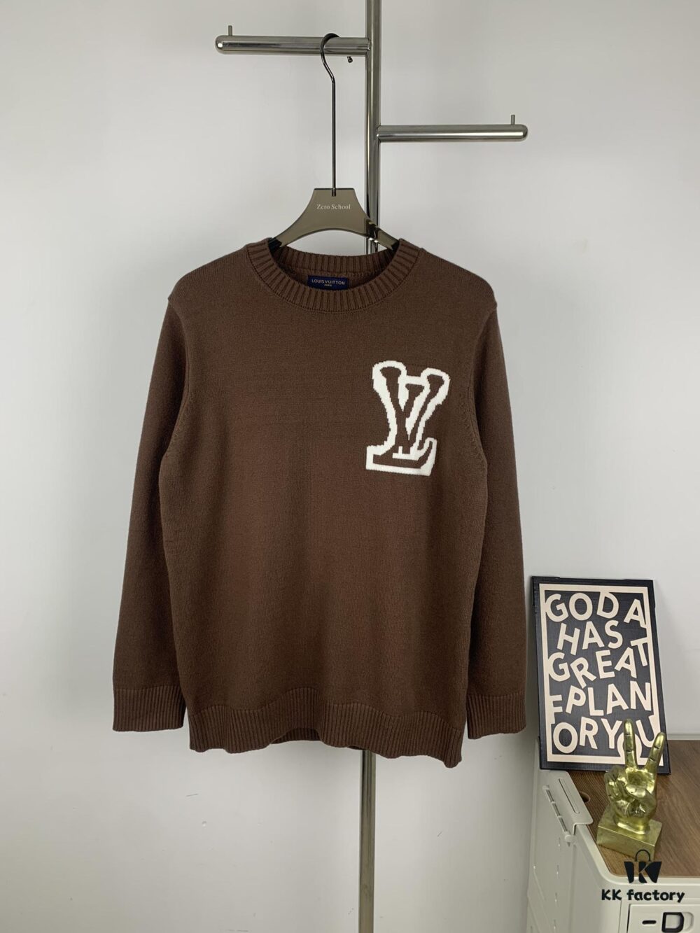 New LV Louis Vuitton White Knitted Logo Beige and Coffee Color Crew Neck Sweater Unisex