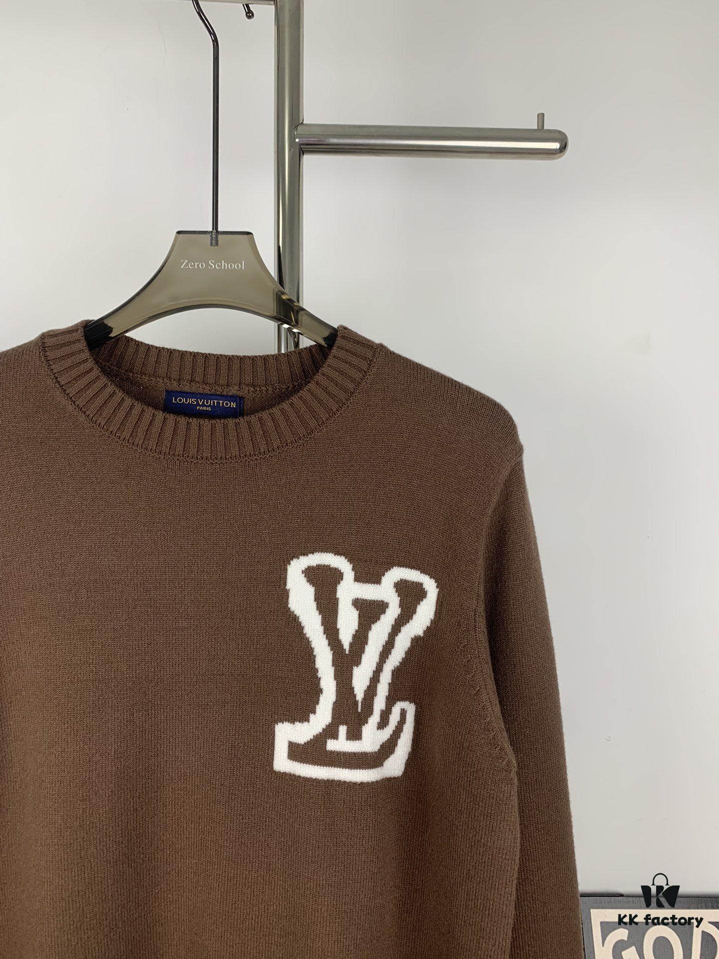 New LV Louis Vuitton White Knitted Logo Beige and Coffee Color Crew Neck Sweater Unisex