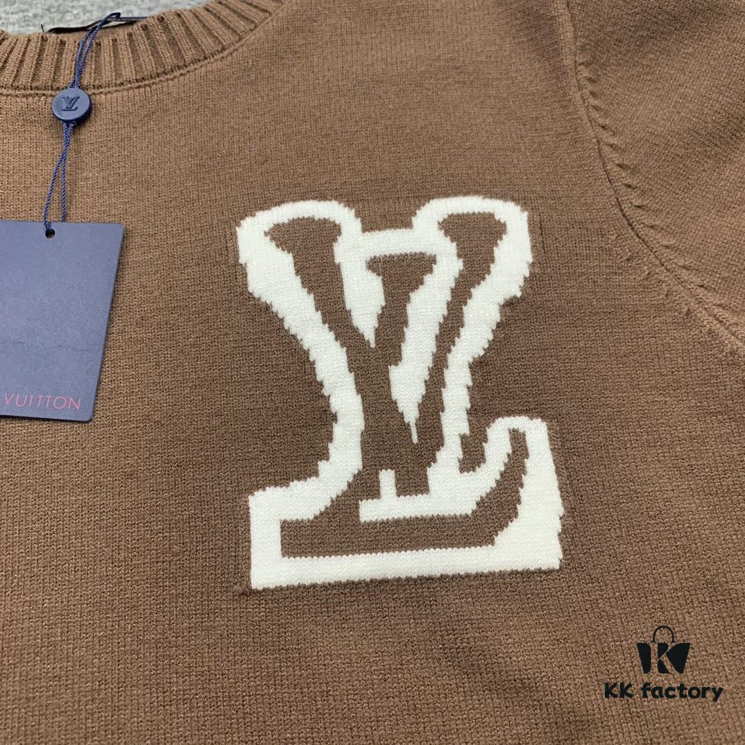 New LV Louis Vuitton White Knitted Logo Beige and Coffee Color Crew Neck Sweater Unisex